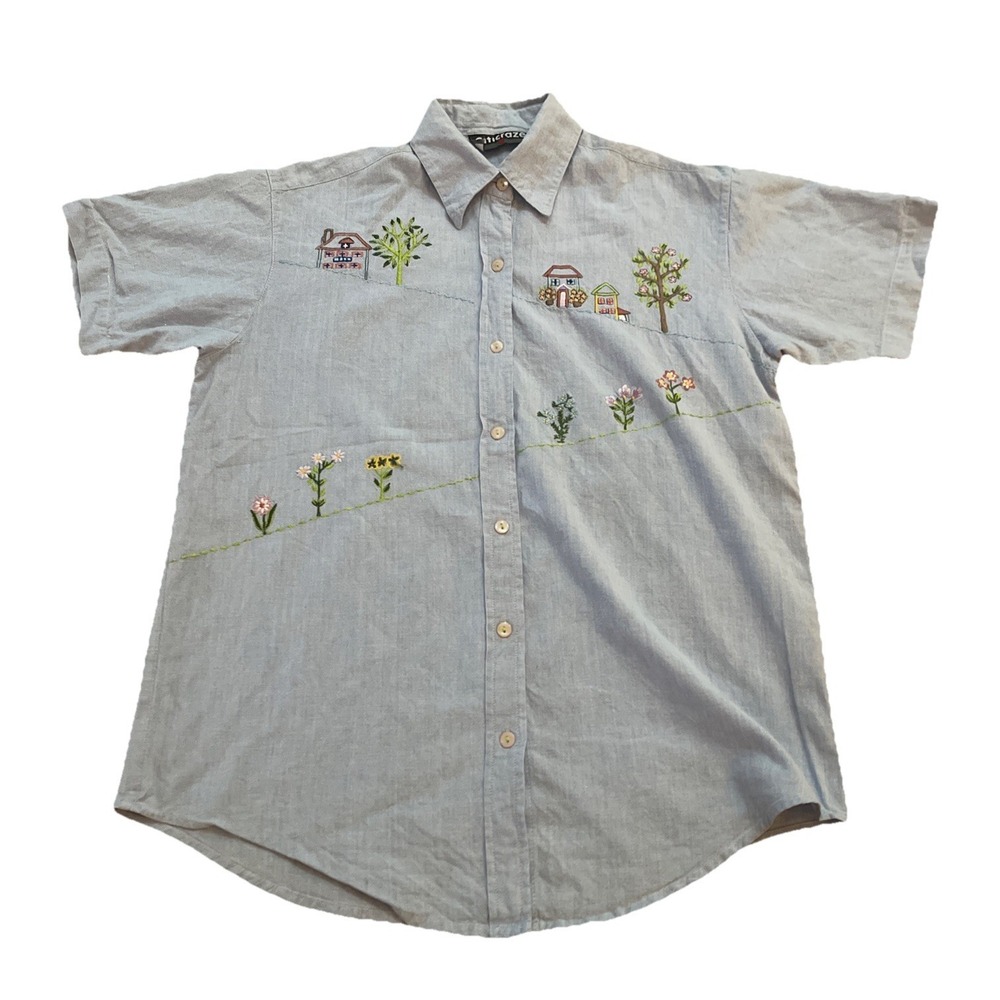 Vintage‎ Citicraze Blue Denim Button Up Top Women's M Cottagecore Light Wash